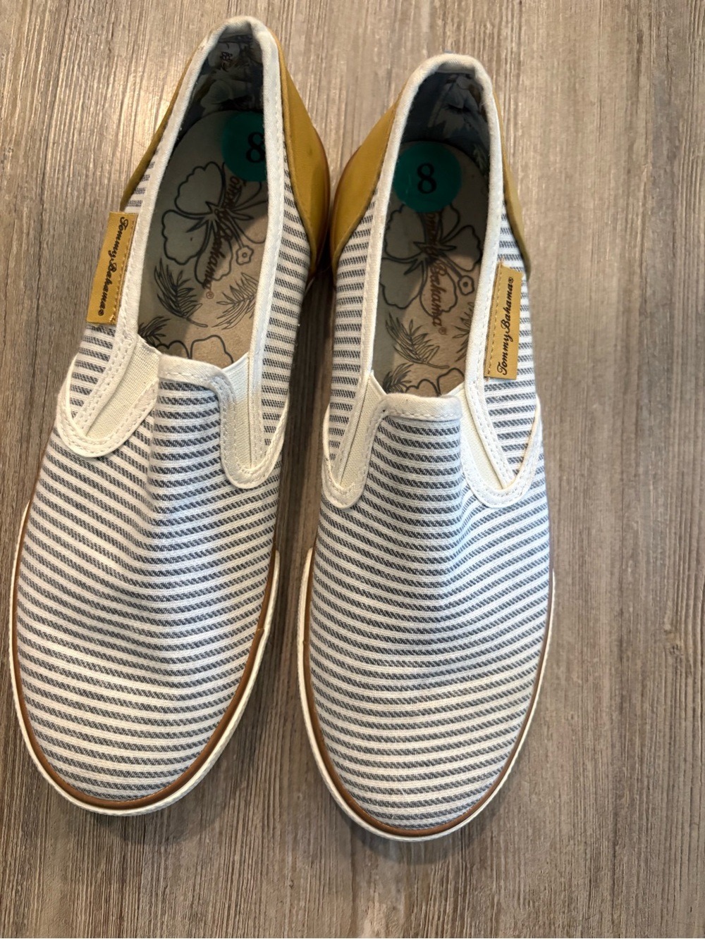 Tommy Bahama Navy and White Striped Slip-Ons with Yellow Heel Accent size 8